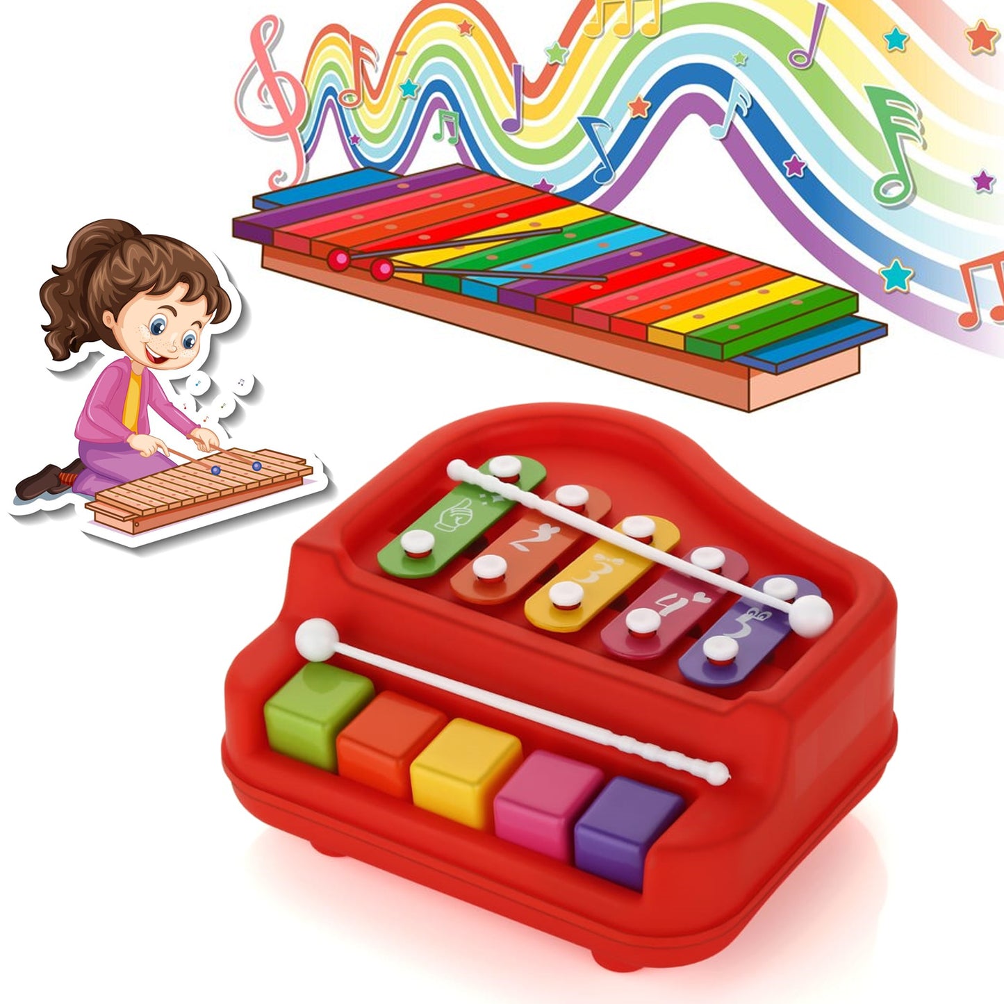 Baby Piano Xylophone Toy For Toddlers 5 Multicolored Key Keyboard Xylophone Piano Preschool Educational Musical Learning Instruments Toy For Baby Kids Girls Boys 3+ Years(1 Pc)