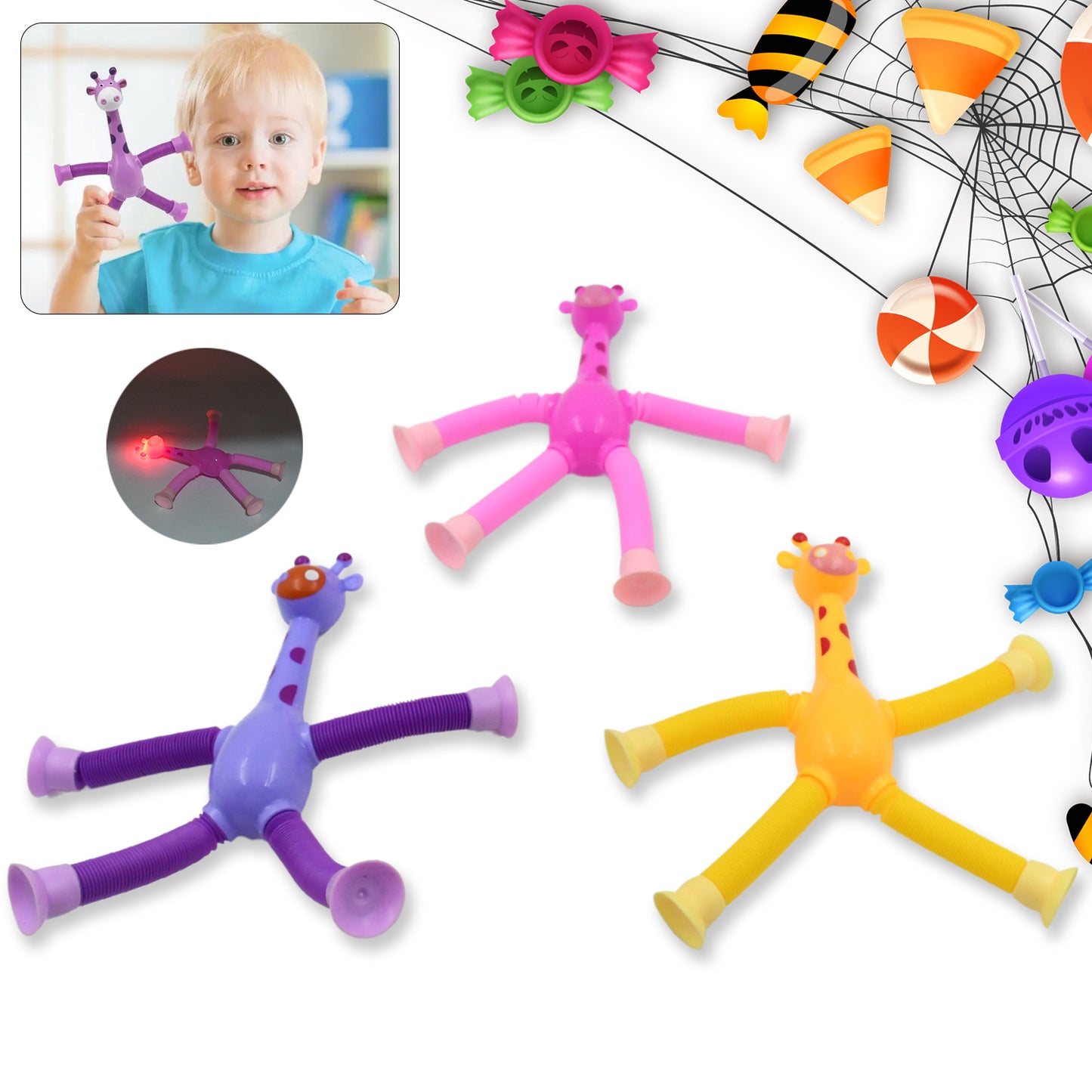 Led Telescopic Suction Cup Giraffe Toy Pop Tubes Fidget Toys Shape Changing Telescopic Sensory Tubes Fidget Tubes Sensory Toys Suction Toy Funny Gift (3 Pcs Set)